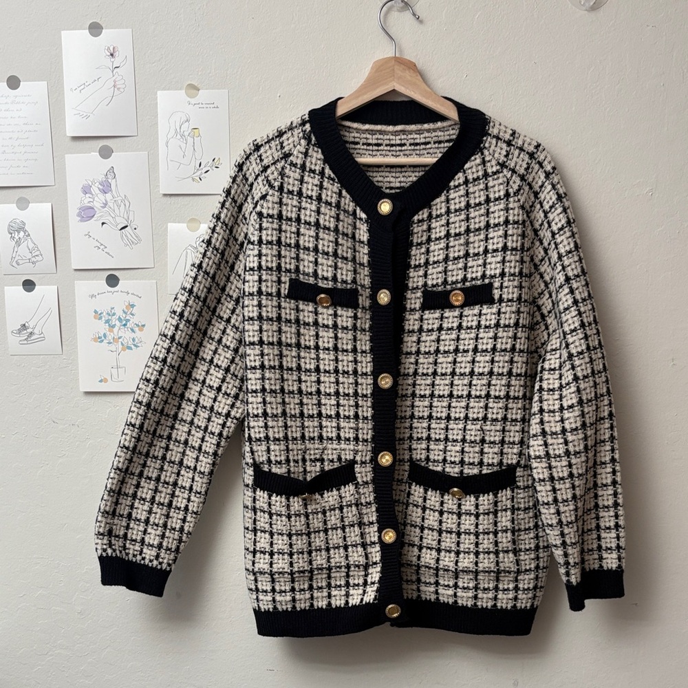Black and Cream Checkered Cardigan